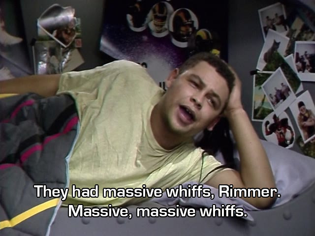 Screenshot from the Red Dwarf episode Waiting for God